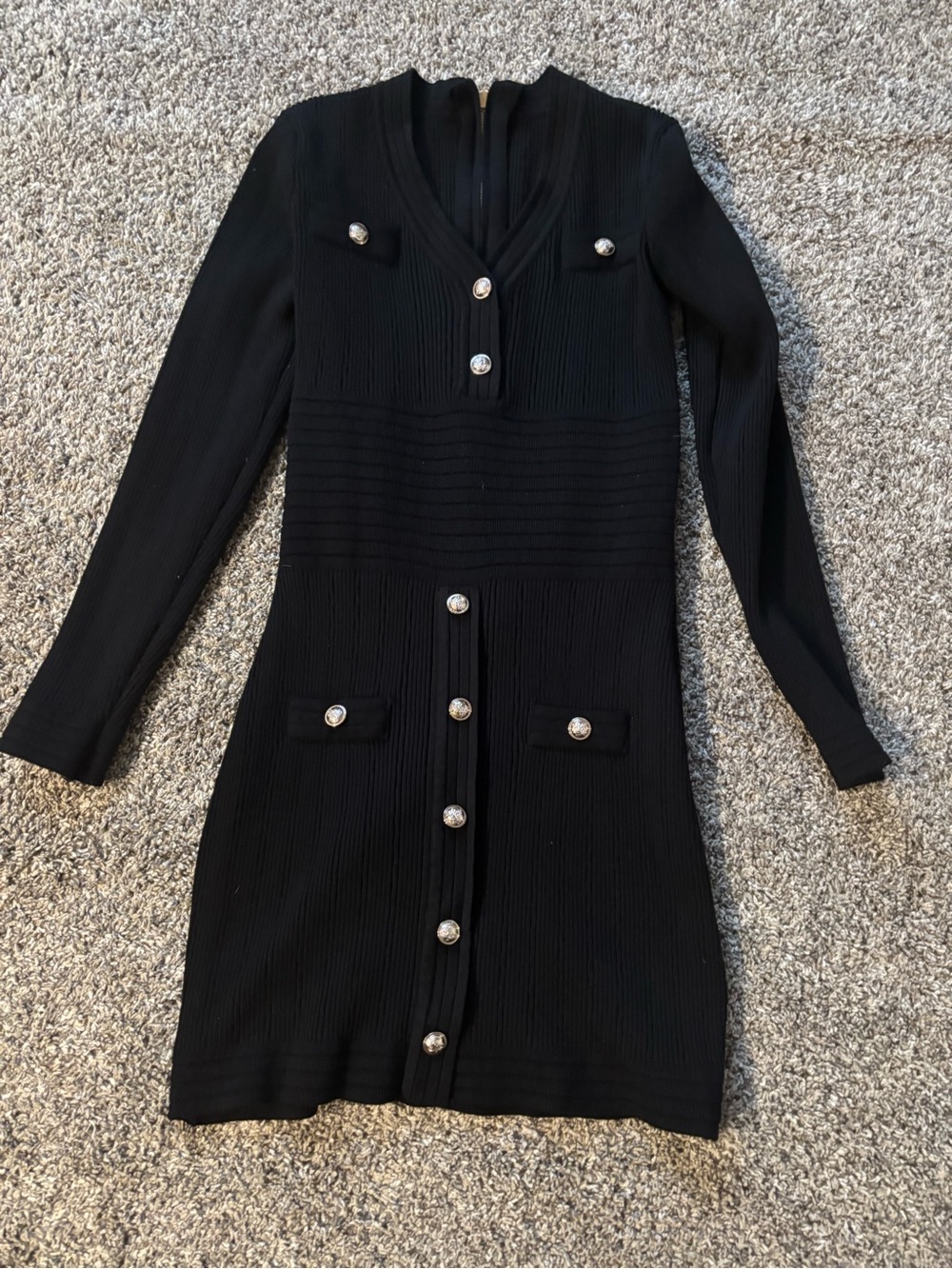 Black Ribbed Long-Sleeve Button-Front Dress